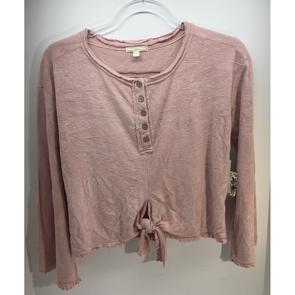 Chelsea & Violet Girl's Blush Top Size L Cozy Tie Front Scallop3/4 wood Buttons